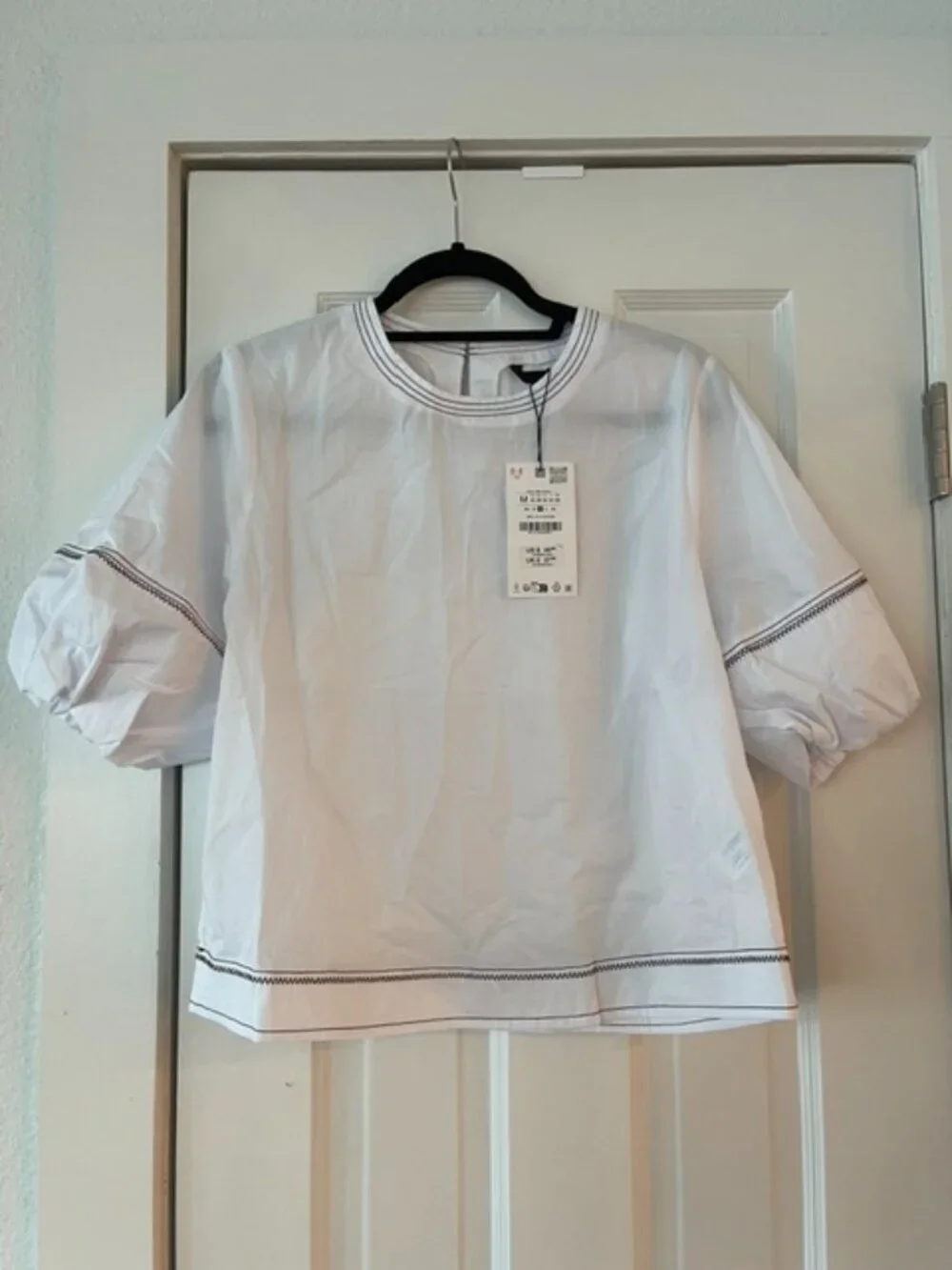 Zara White Cotton Poplin Contrast Topstitch Puff Sleeve Blouse Top Medium NWT